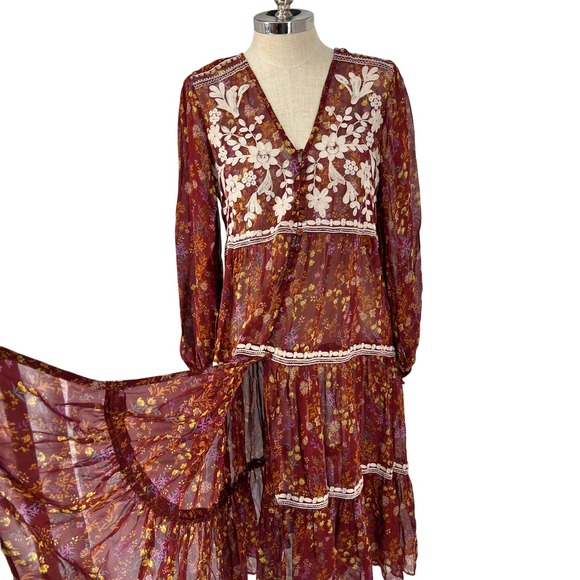 Free People Small Floral Embroidered Sheer‎ Cottage Hippie Boho Duster Dress - Picture 8 of 8